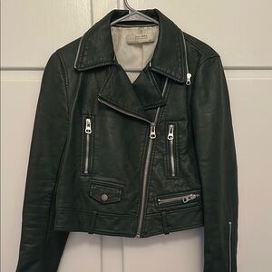 EUC Zara Forest Green Leather Biker Jacket with Sherpa Collar
